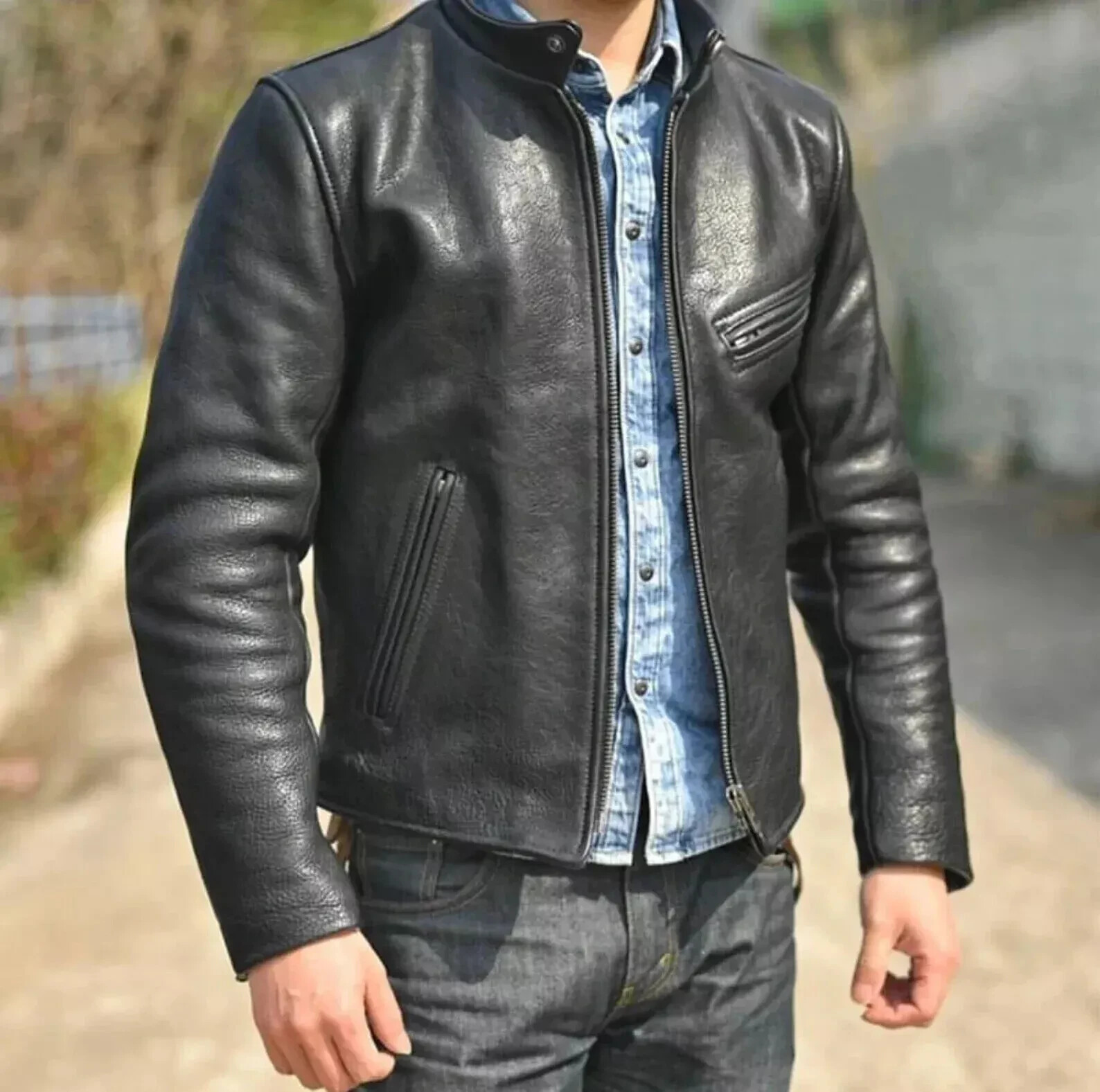 MEN'S REAL COWHIDE PREMIUM LEATHER MOTORCYCLE BIKER TOP LEATHER JACKET BLACK