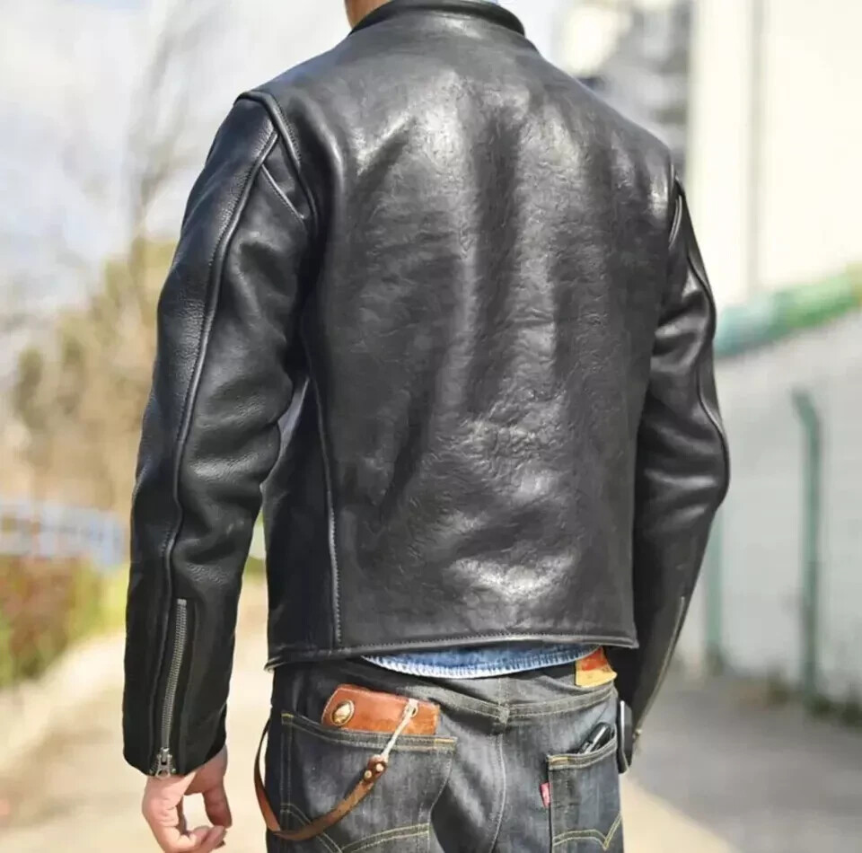 MEN'S REAL COWHIDE PREMIUM LEATHER MOTORCYCLE BIKER TOP LEATHER JACKET BLACK - Image 2