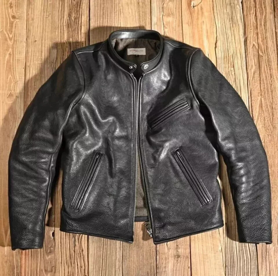 MEN'S REAL COWHIDE PREMIUM LEATHER MOTORCYCLE BIKER TOP LEATHER JACKET BLACK - Image 3
