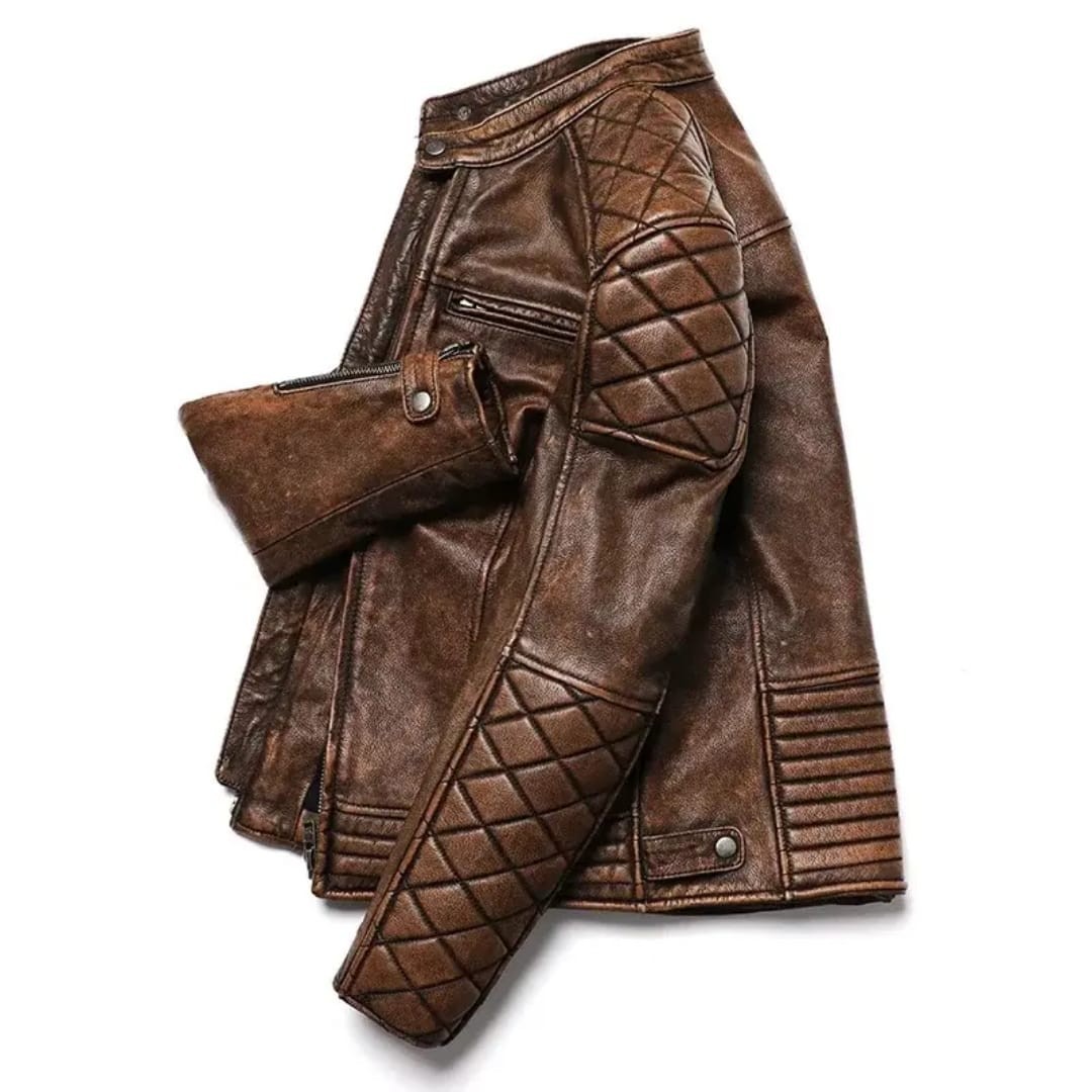 NEW Men's Cafe Racer Style Quilted Distressed Leather Jacket - Image 3