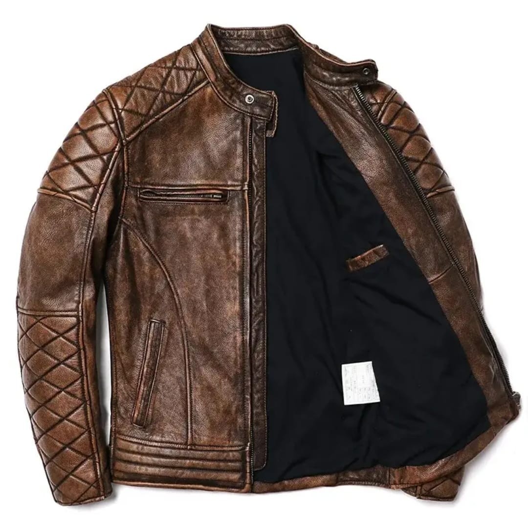 NEW Men's Cafe Racer Style Quilted Distressed Leather Jacket - Image 4
