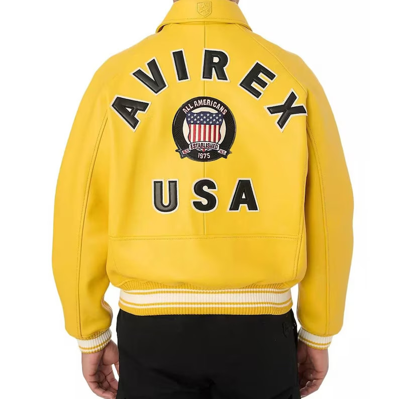 New Men's Avirex USA Edition Icon Yellow Bomber Leather Jacket - Image 3