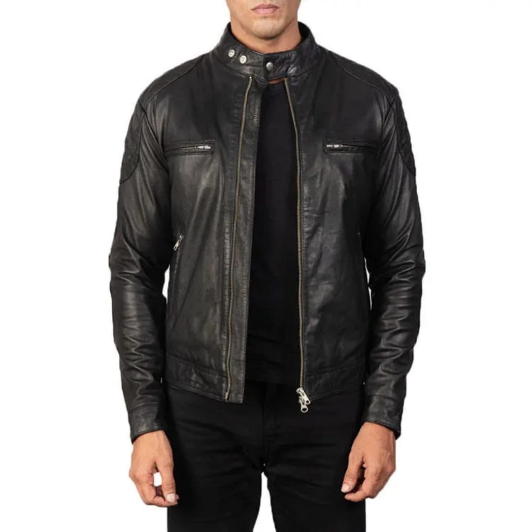 NEW Men's Black Leather Cafe Racer Jacket with Quilted Shoulders - Image 2