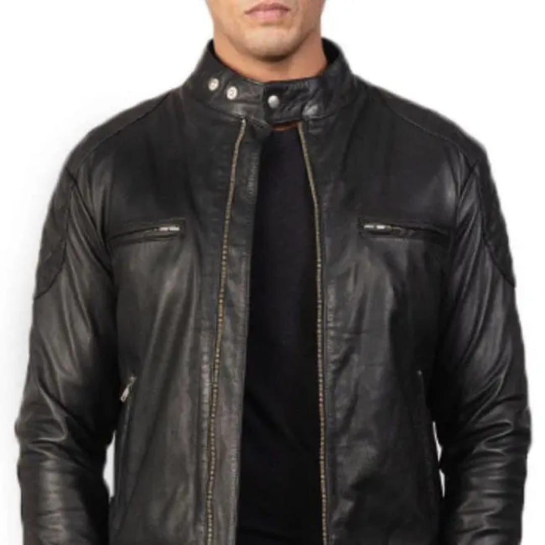 NEW Men's Black Leather Cafe Racer Jacket with Quilted Shoulders - Image 3