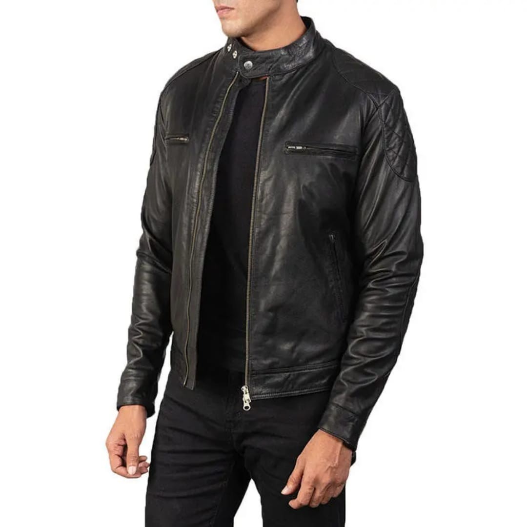 NEW Men's Black Leather Cafe Racer Jacket with Quilted Shoulders - Image 4