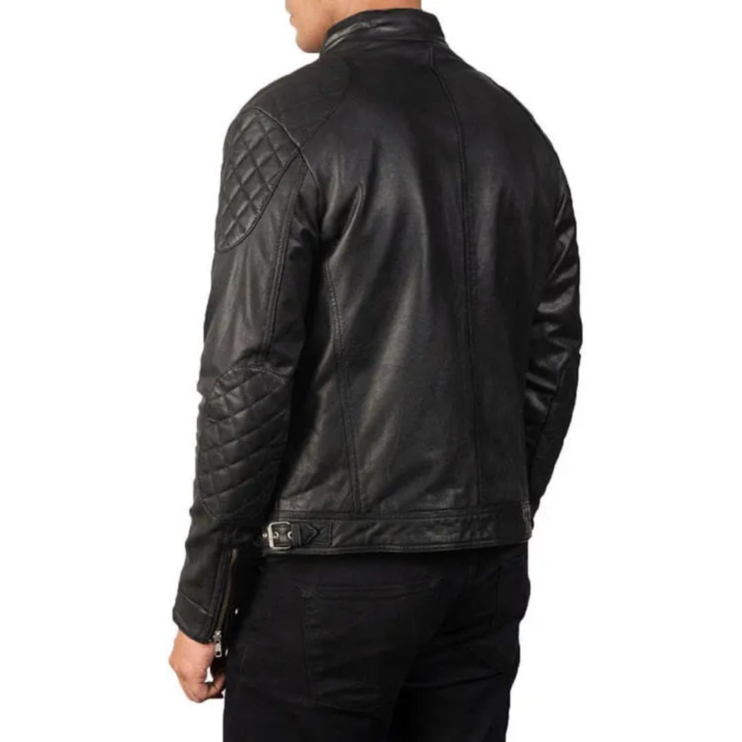 NEW Men's Black Leather Cafe Racer Jacket with Quilted Shoulders - Image 5