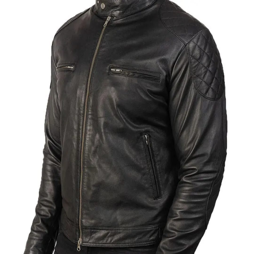 NEW Men's Black Leather Cafe Racer Jacket with Quilted Shoulders - Image 6