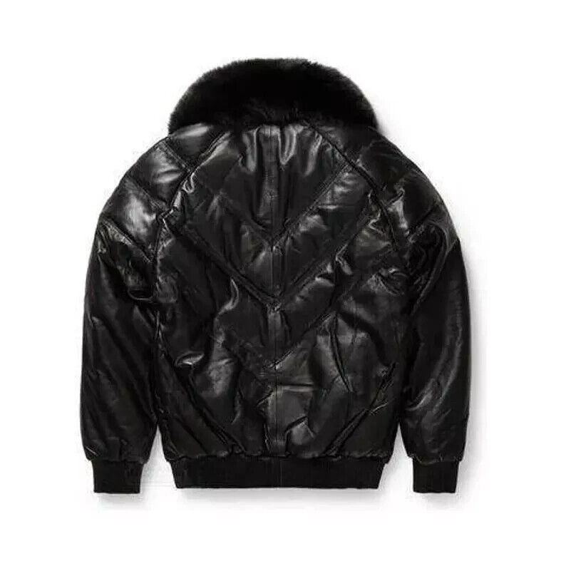 NEW Men's V-Bomber Leather Removable Fox Fur Collar Black Jacket - Image 2