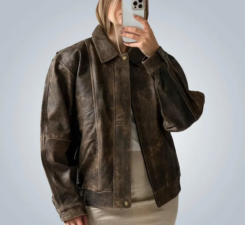 1980s Oversized Retro Distressed Brown Vintage Handmade Real Leather Jacket Women - Image 3
