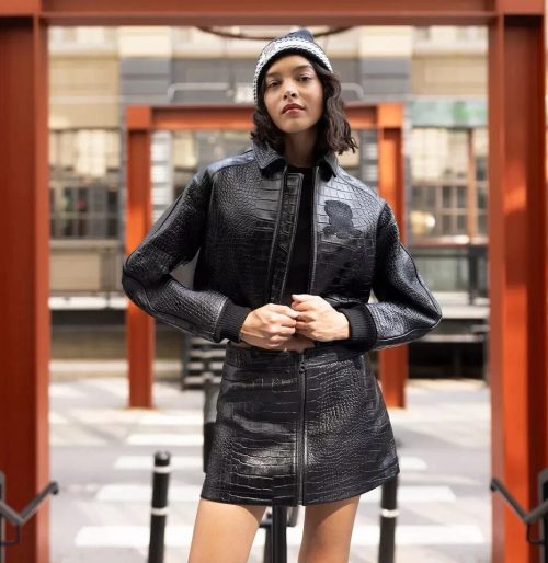 NEW Women's Avirex Croc Cropped Icon Leather Jacket NWT