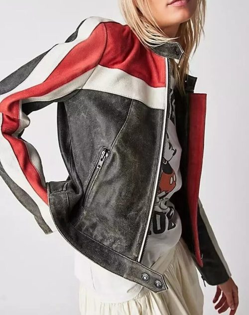 NEW Women Distressed Cafe Racer Jacket  Handmade Genuine Leather Striped Jacket