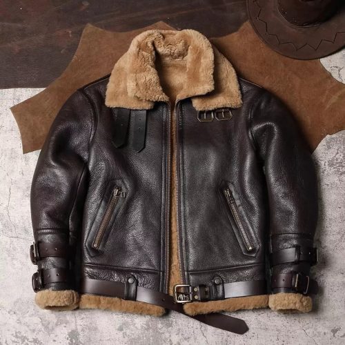 Men Brown B3 RAF Pilot Bomber Shearling Fur Real Sheepskin Leather Jacket Coat