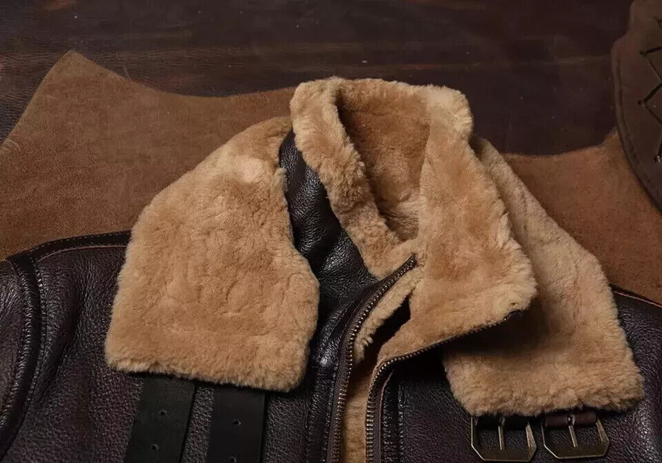 Men Brown B3 RAF Pilot Bomber Shearling Fur Real Sheepskin Leather Jacket Coat - Image 2