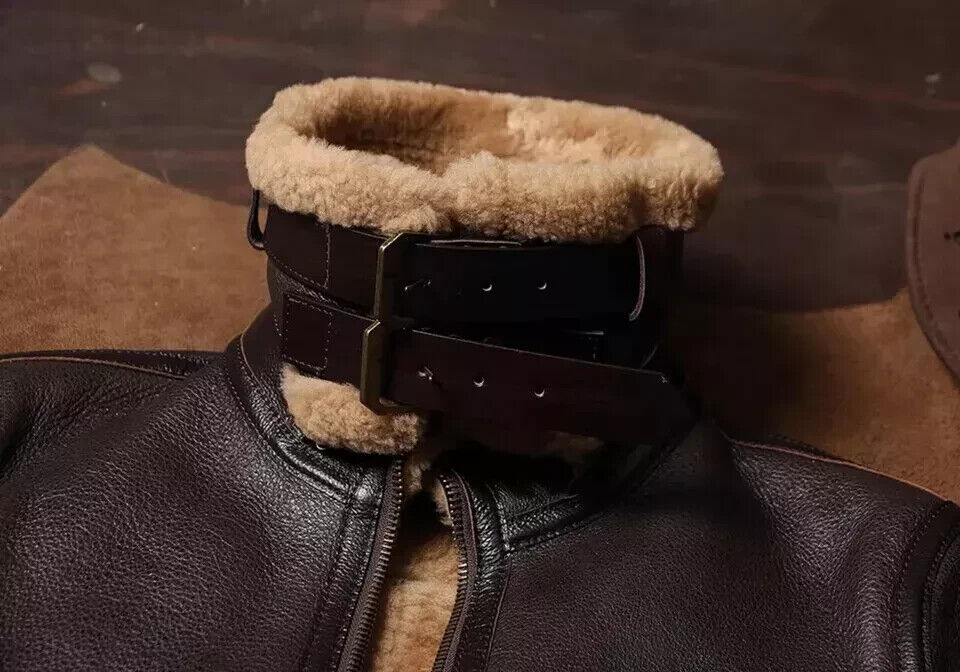 Men Brown B3 RAF Pilot Bomber Shearling Fur Real Sheepskin Leather Jacket Coat - Image 3