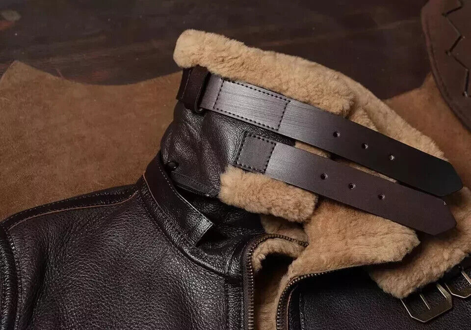 Men Brown B3 RAF Pilot Bomber Shearling Fur Real Sheepskin Leather Jacket Coat - Image 4