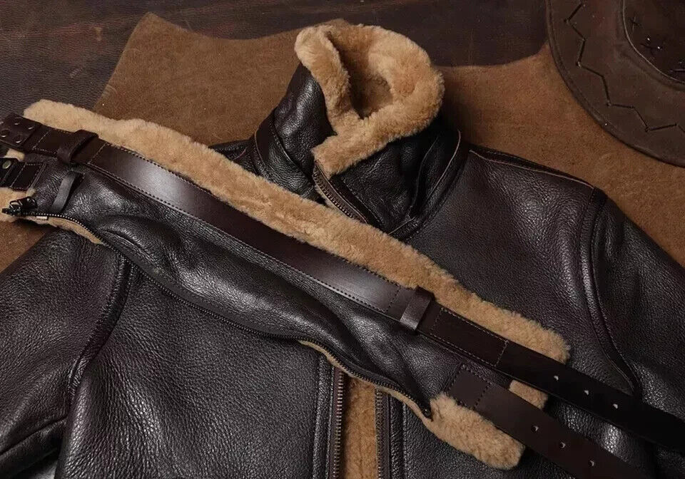 Men Brown B3 RAF Pilot Bomber Shearling Fur Real Sheepskin Leather Jacket Coat - Image 5