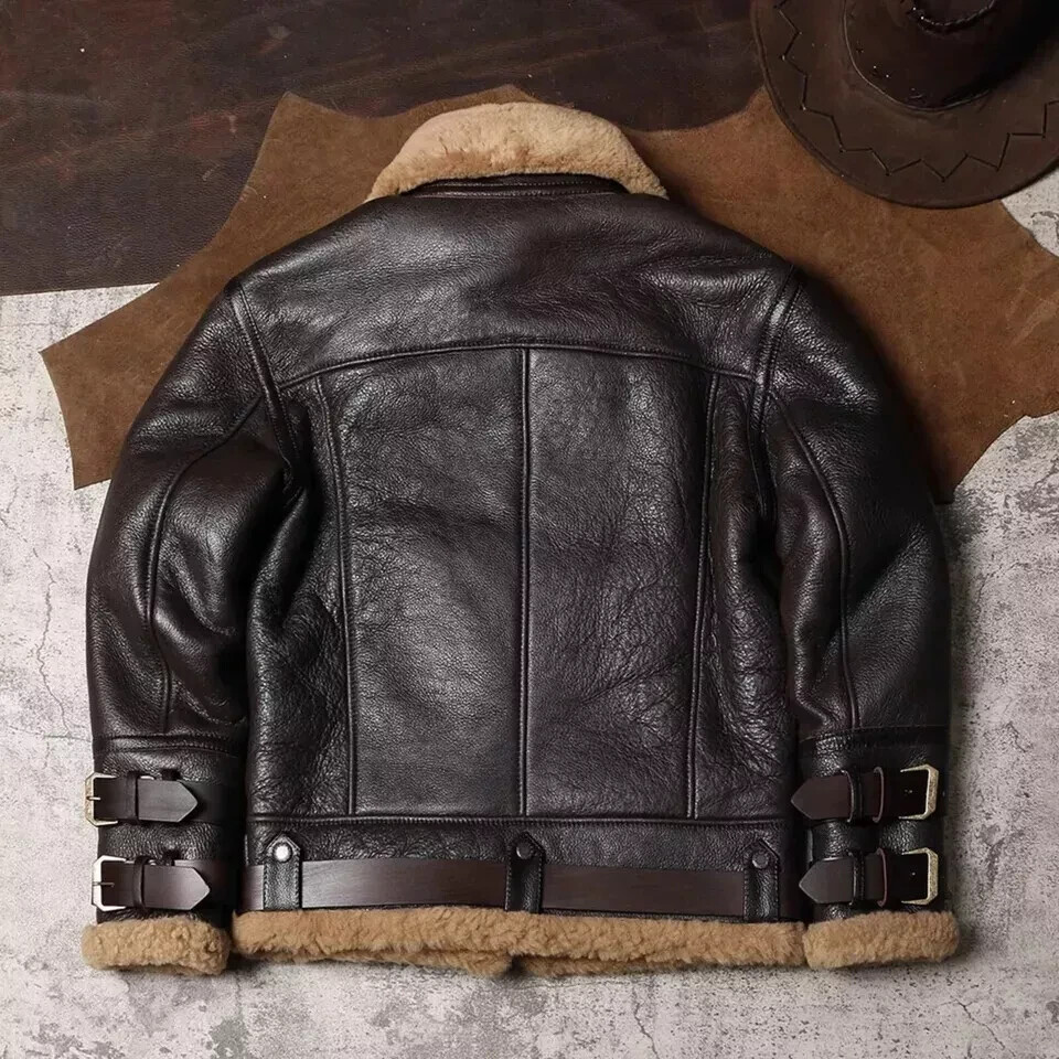 Men Brown B3 RAF Pilot Bomber Shearling Fur Real Sheepskin Leather Jacket Coat - Image 7