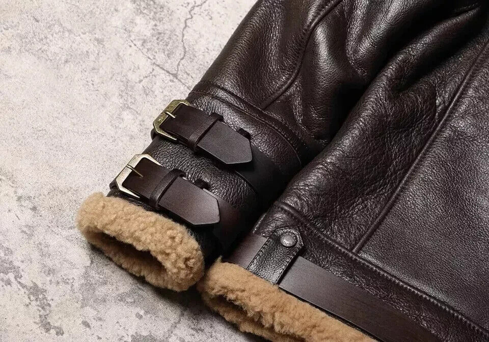 Men Brown B3 RAF Pilot Bomber Shearling Fur Real Sheepskin Leather Jacket Coat - Image 9