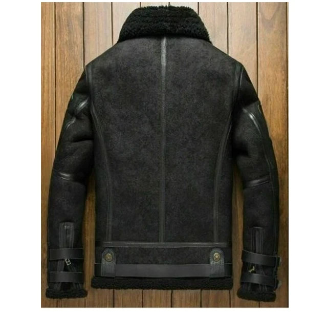 Men's Black B3 RAF Flight Bomber Aviator Real Sheepskin Shearling Leather Jacket - Image 2
